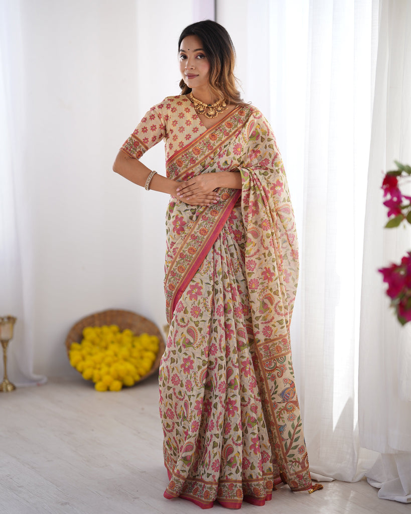 Cream Pink Handloom Linen Cotton Printed Saree with Folk Art Bird Motif Pallu LINEN HANDLOOM