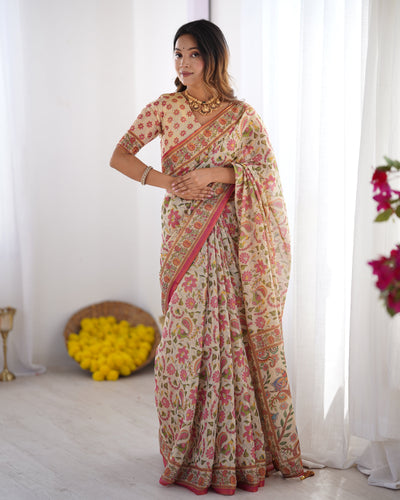 Cream Pink Handloom Linen Cotton Printed Saree with Folk Art Bird Motif Pallu LINEN HANDLOOM