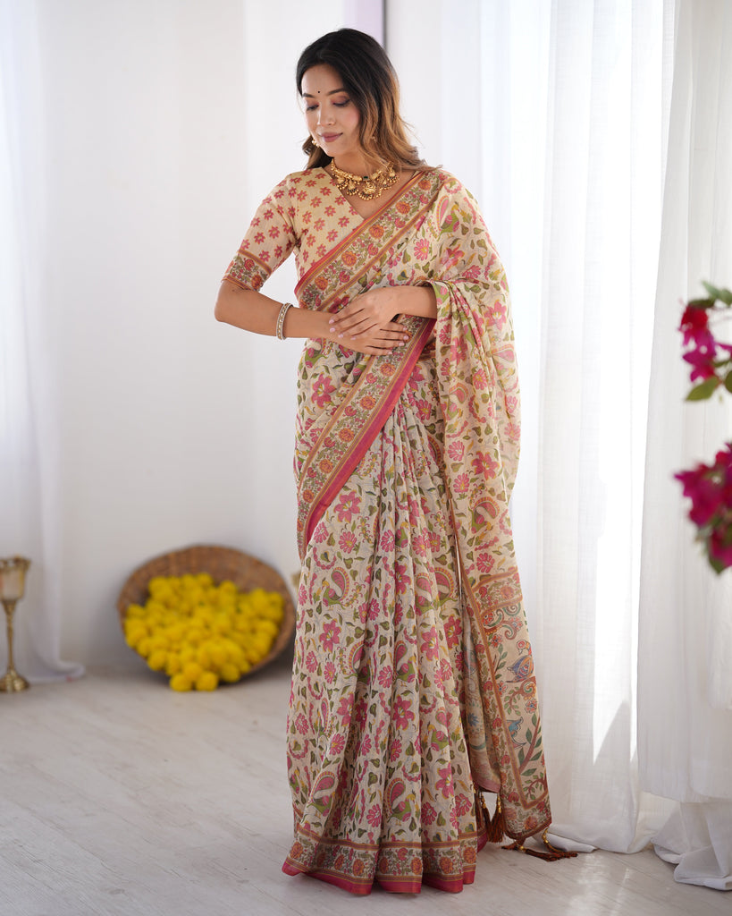 Cream Pink Handloom Linen Cotton Printed Saree with Folk Art Bird Motif Pallu LINEN HANDLOOM