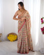 Load image into Gallery viewer, Cream Pink Handloom Linen Cotton Printed Saree with Folk Art Bird Motif Pallu LINEN HANDLOOM