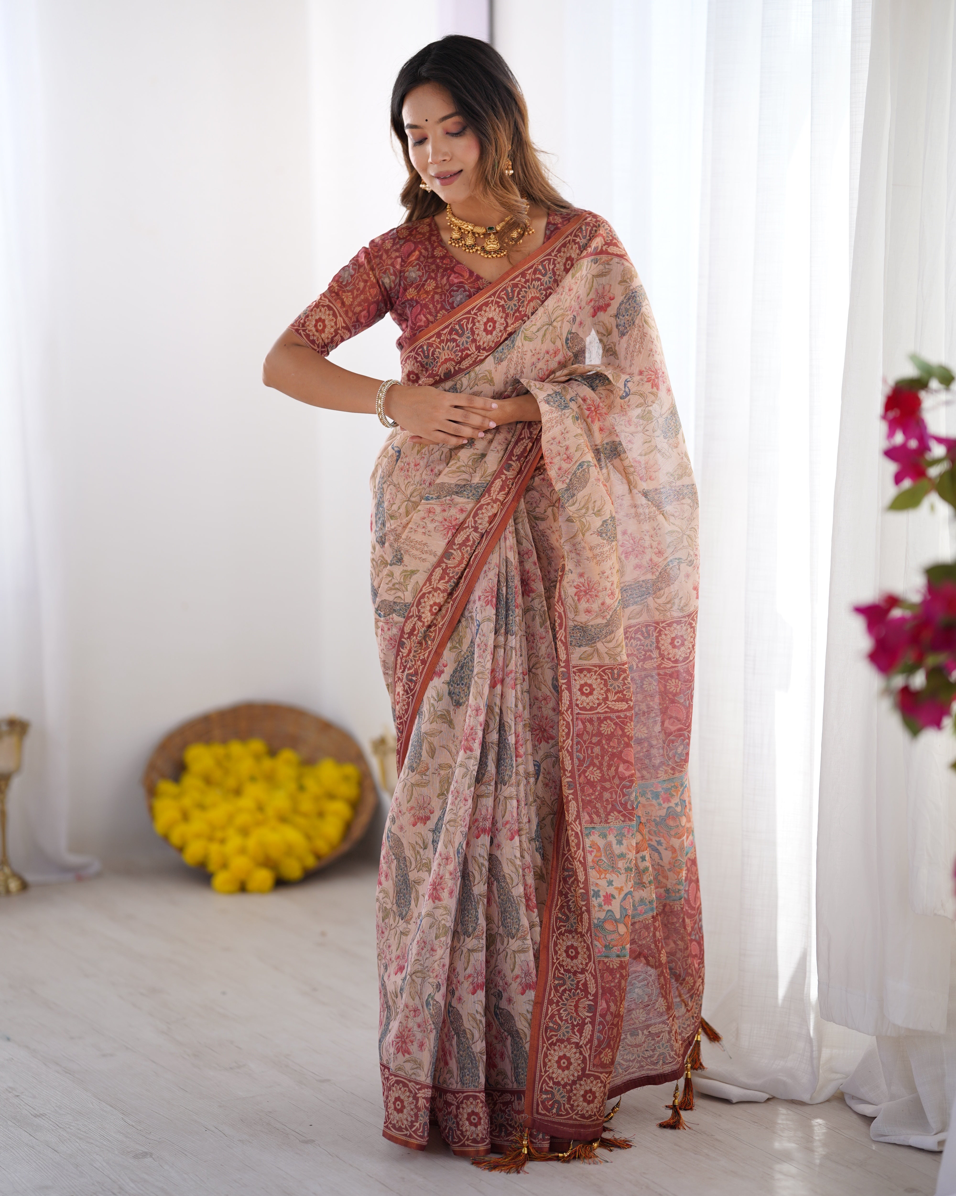 Blush Cream Handloom Linen Cotton Saree with Artistic Bird Motif Pallu Secondary image