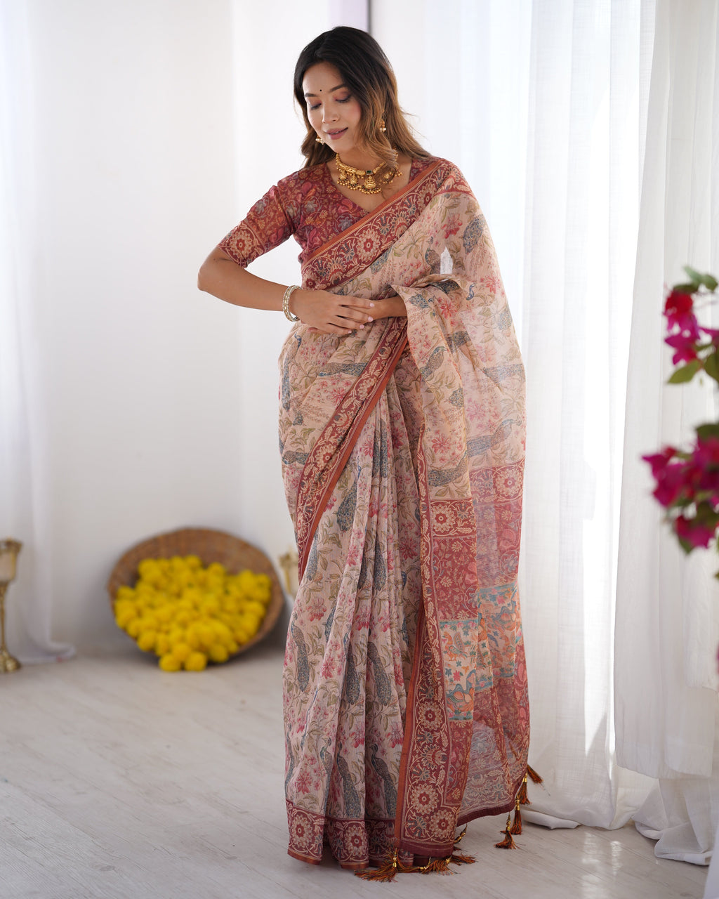 Blush Cream Handloom Linen Cotton Saree with Artistic Bird Motif Pallu LINEN HANDLOOM