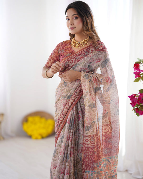 Blush Cream Handloom Linen Cotton Saree with Artistic Bird Motif Pallu LINEN HANDLOOM