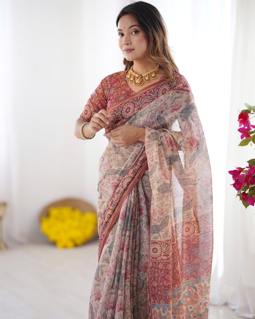 Blush Cream Handloom Linen Cotton Saree with Artistic Bird Motif Pallu LINEN HANDLOOM