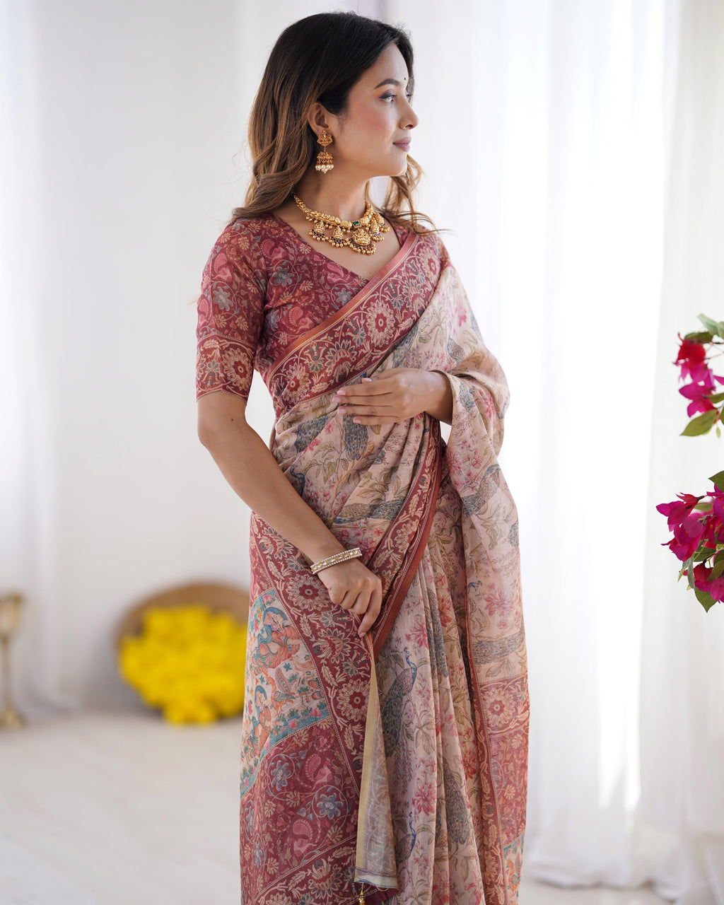 Blush Cream Handloom Linen Cotton Saree with Artistic Bird Motif Pallu LINEN HANDLOOM