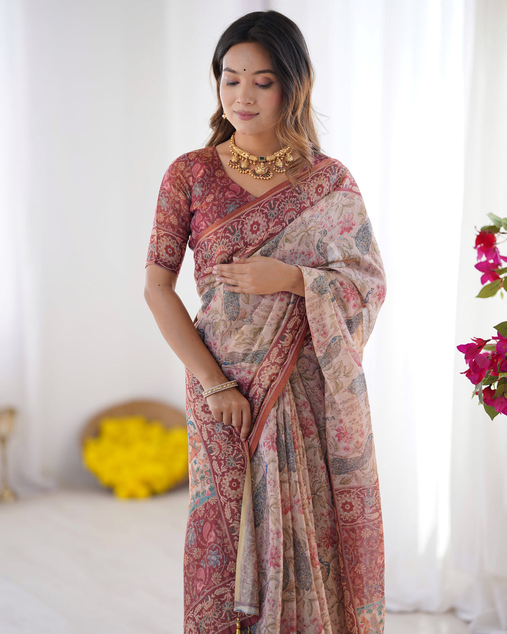 Blush Cream Handloom Linen Cotton Saree with Artistic Bird Motif Pallu LINEN HANDLOOM