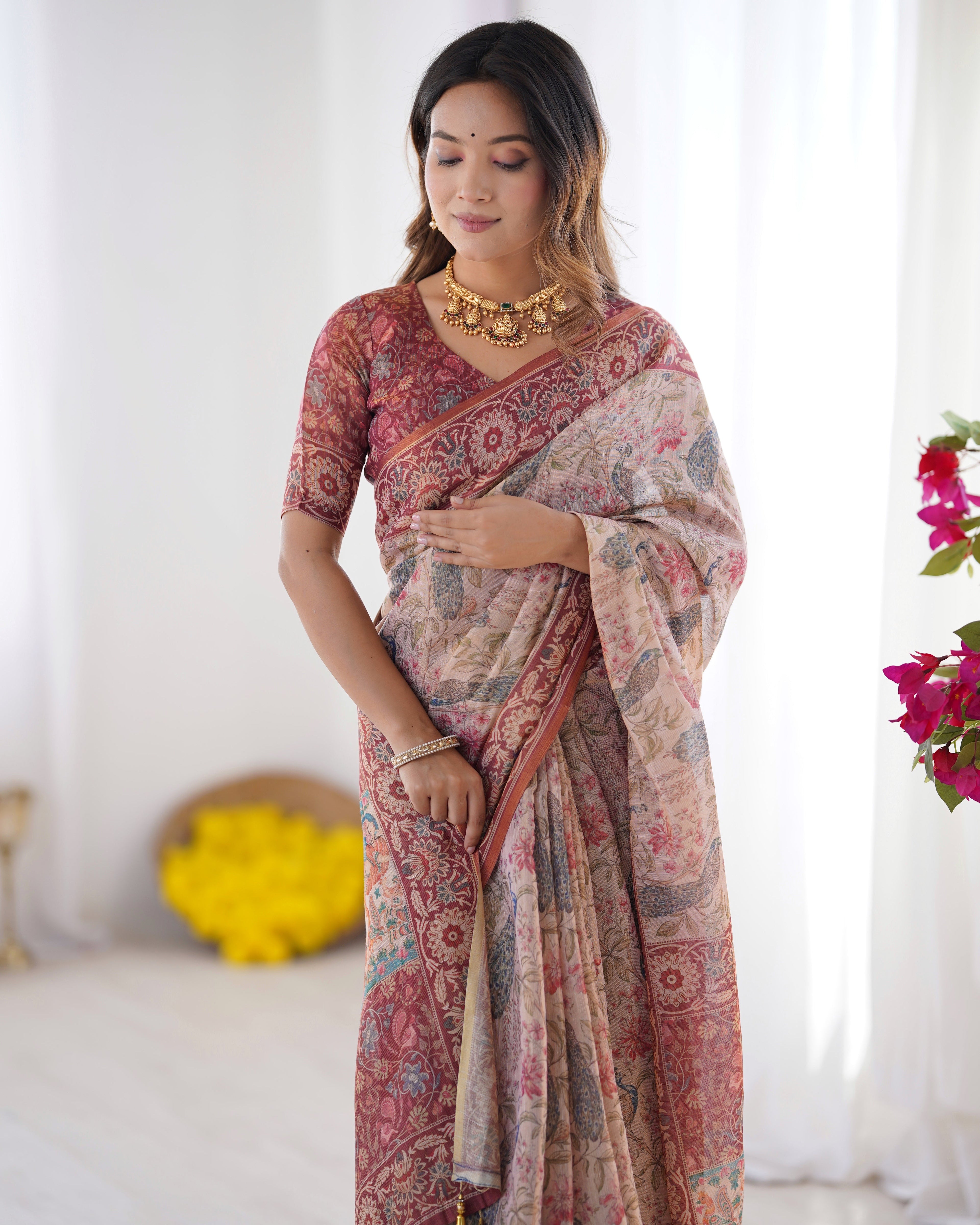 Blush Cream Handloom Linen Cotton Saree with Artistic Bird Motif Pallu LINEN HANDLOOM