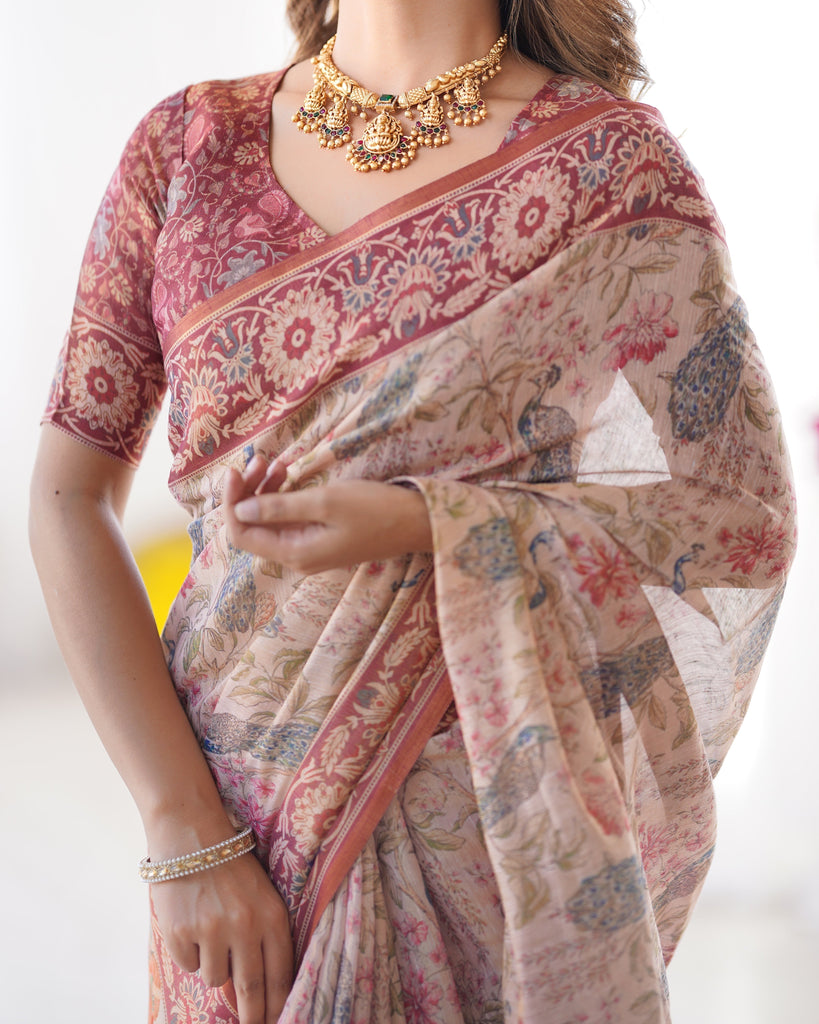 Blush Cream Handloom Linen Cotton Saree with Artistic Bird Motif Pallu LINEN HANDLOOM