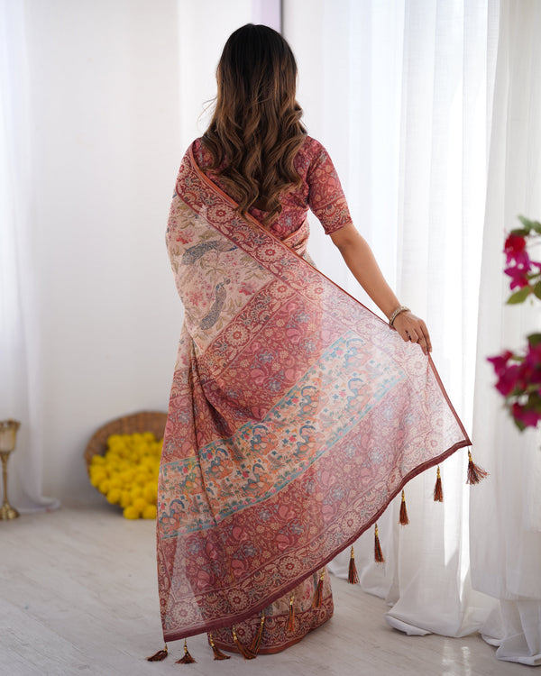 Blush Cream Handloom Linen Cotton Saree with Artistic Bird Motif Pallu LINEN HANDLOOM