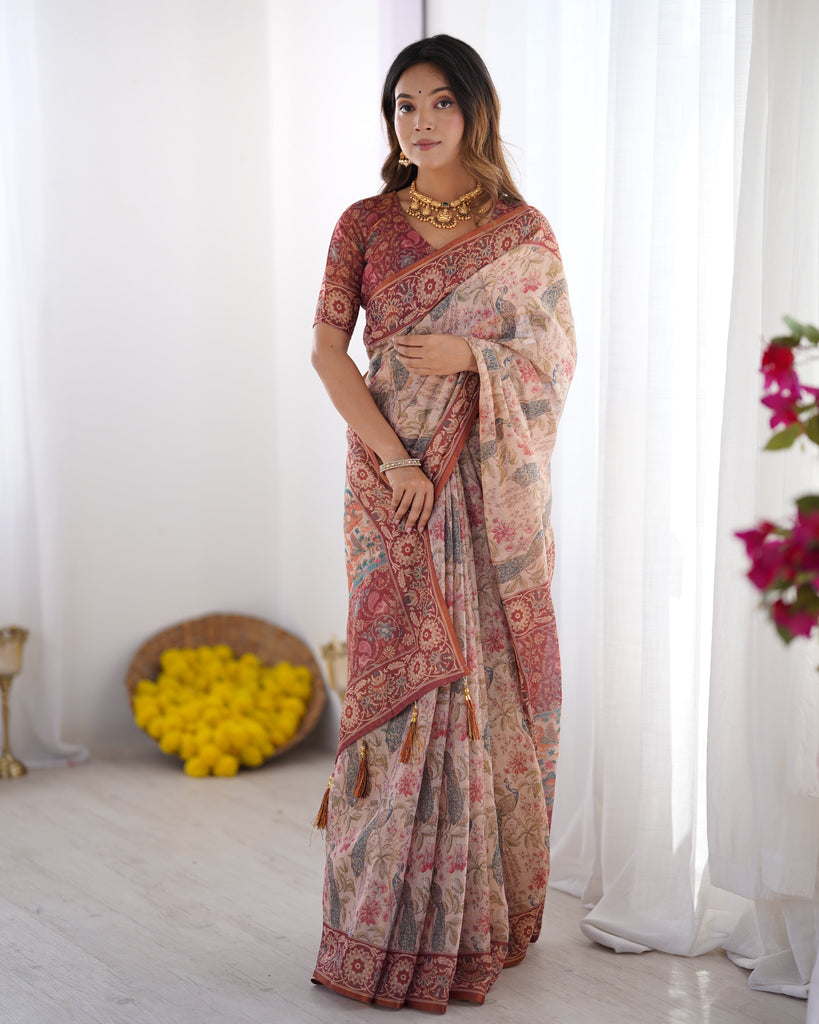 Blush Cream Handloom Linen Cotton Saree with Artistic Bird Motif Pallu LINEN HANDLOOM