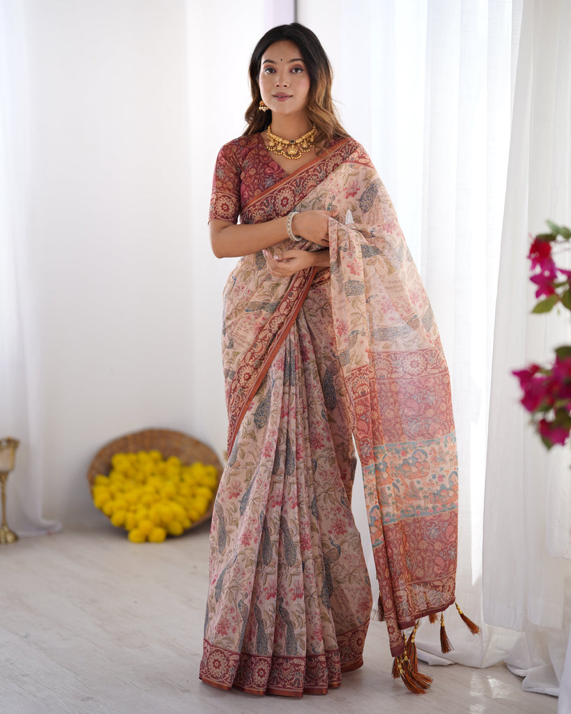 Blush Cream Handloom Linen Cotton Saree with Artistic Bird Motif Pallu LINEN HANDLOOM