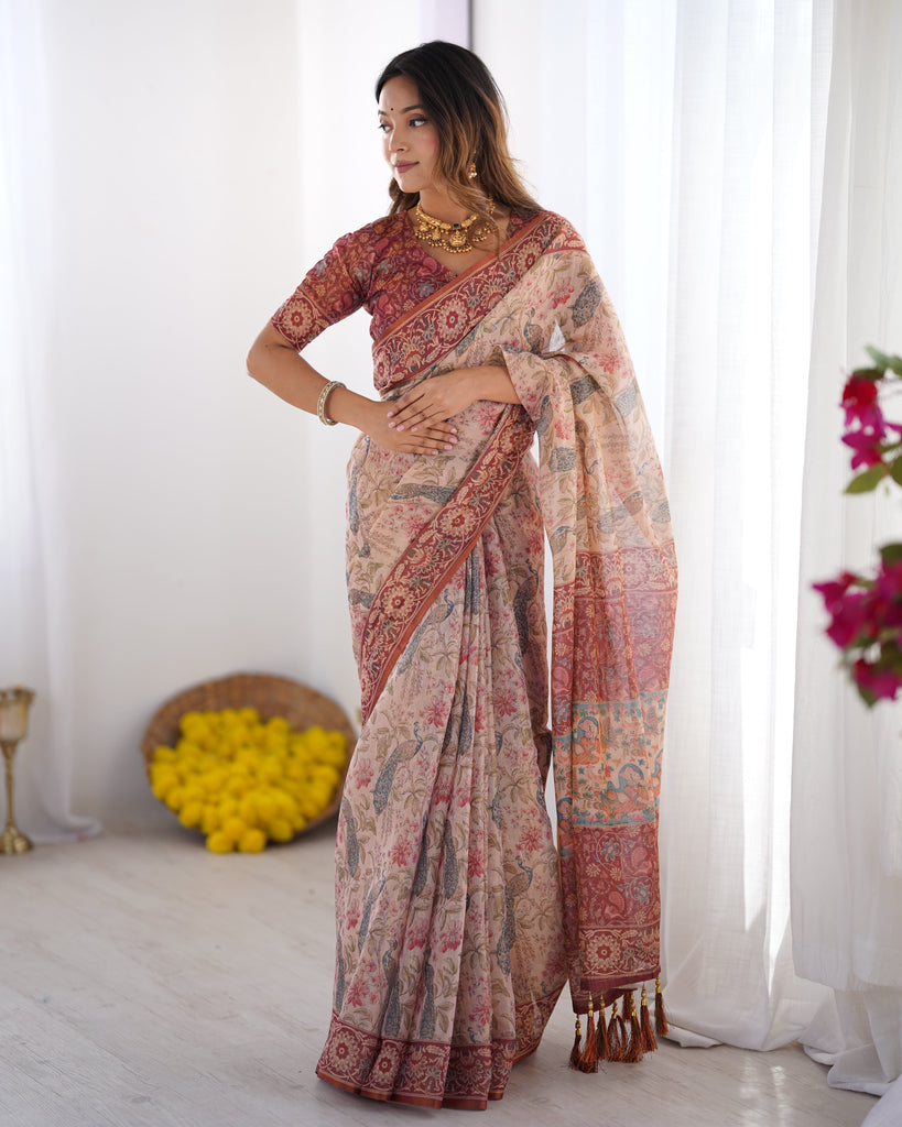 Blush Cream Handloom Linen Cotton Saree with Artistic Bird Motif Pallu LINEN HANDLOOM