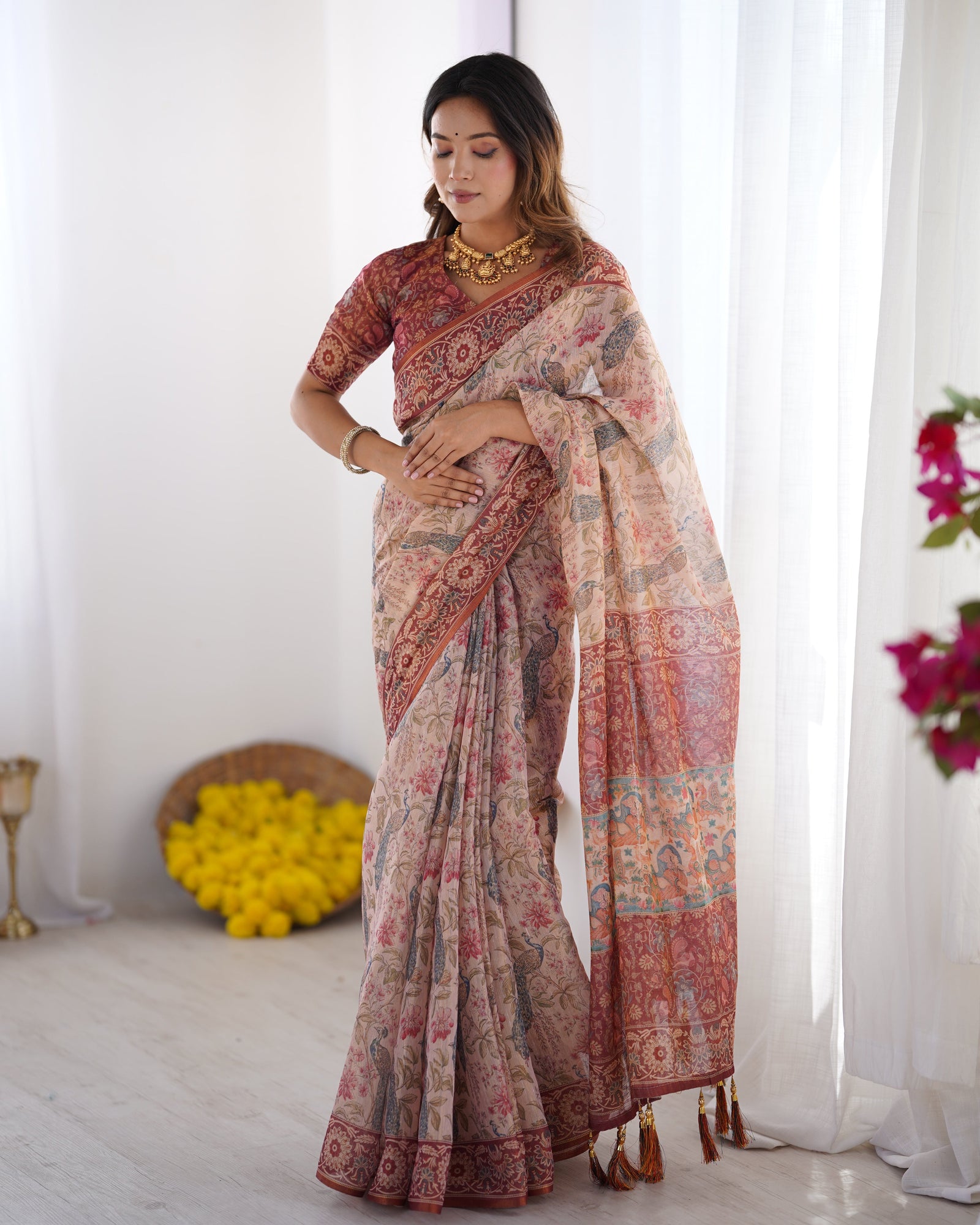 Blush Cream Handloom Linen Cotton Saree with Artistic Bird Motif Pallu LINEN HANDLOOM