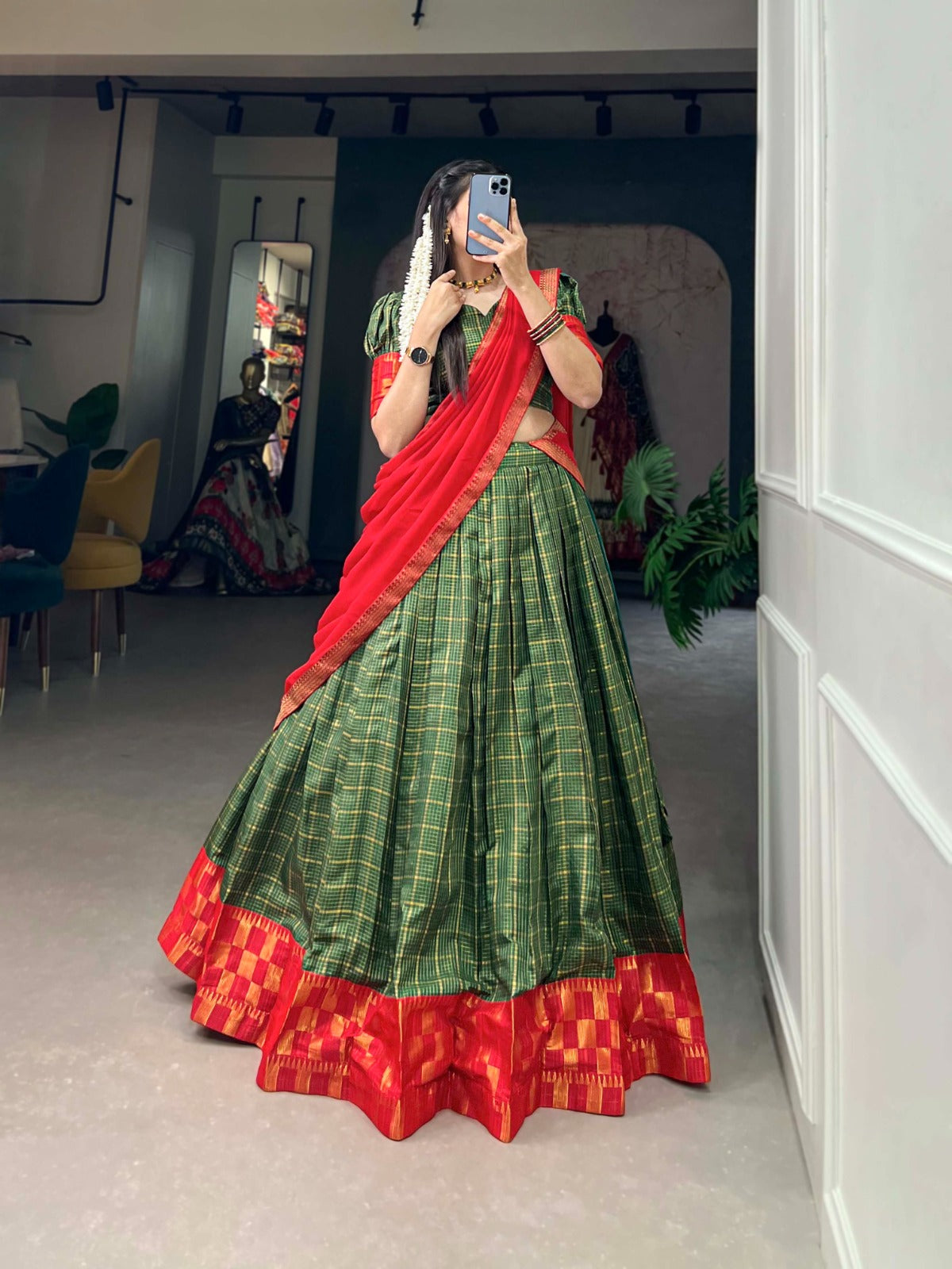 Captivating South Indian Green Zari Chex Lehenga Choli Set - Stitched Lehenga, Unstitched Blouse ClothsVilla