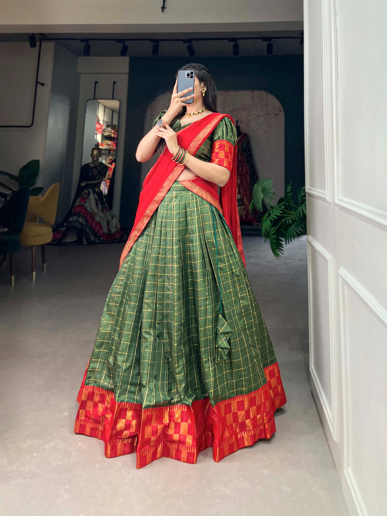 Captivating South Indian Green Zari Chex Lehenga Choli Set - Stitched Lehenga, Unstitched Blouse ClothsVilla