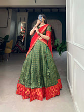 Load image into Gallery viewer, Captivating South Indian Green Zari Chex Lehenga Choli Set - Stitched Lehenga, Unstitched Blouse ClothsVilla