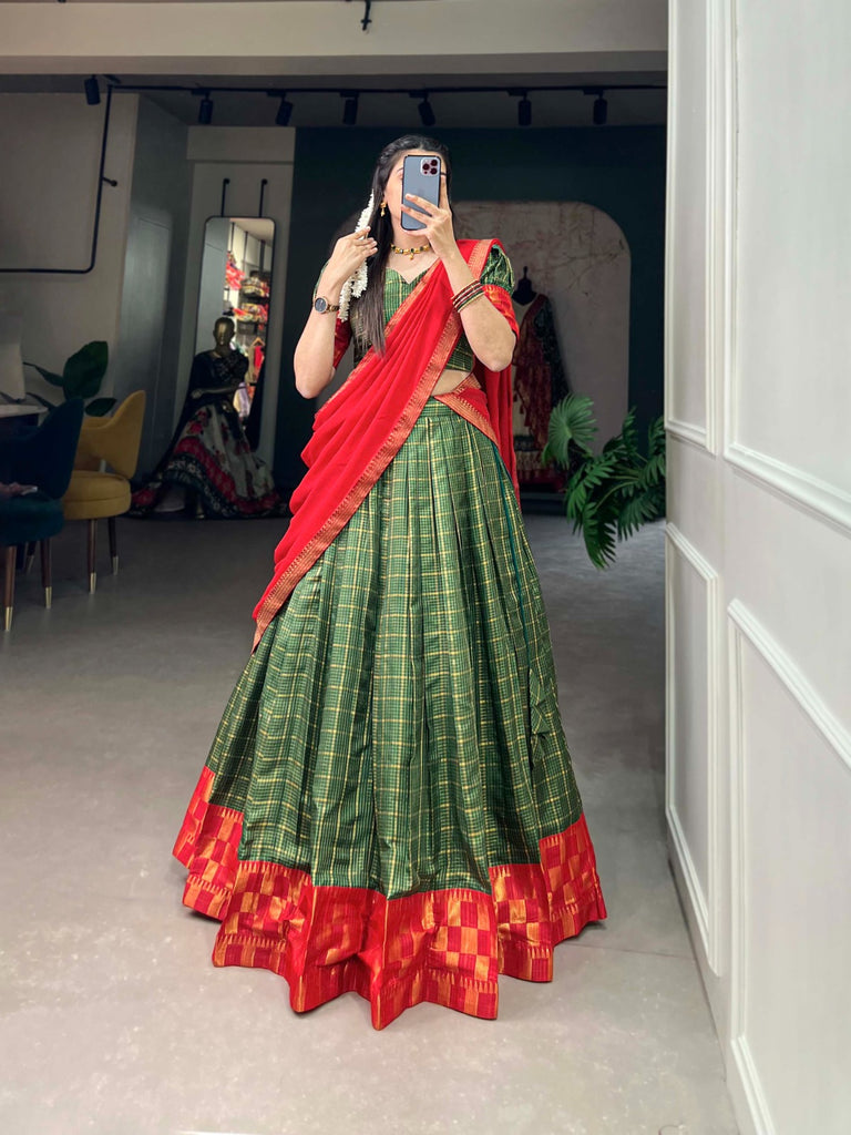 Captivating South Indian Green Zari Chex Lehenga Choli Set - Stitched Lehenga, Unstitched Blouse ClothsVilla