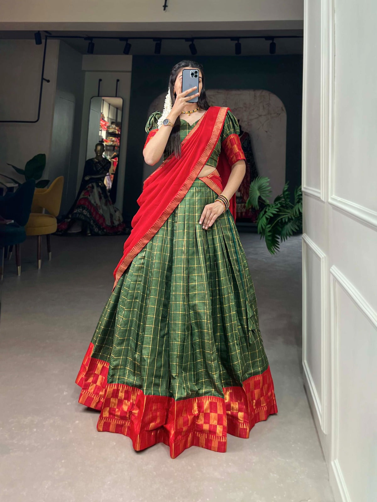 Captivating South Indian Green Zari Chex Lehenga Choli Set - Stitched Lehenga, Unstitched Blouse ClothsVilla