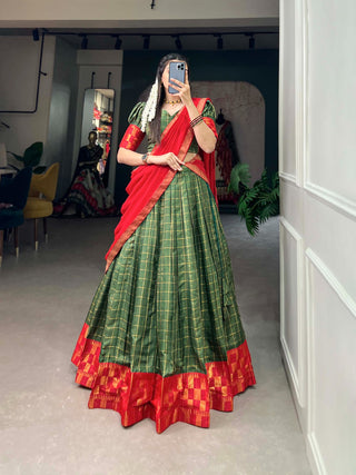 Captivating South Indian Green Zari Chex Lehenga Choli Set - Stitched Lehenga, Unstitched Blouse ClothsVilla