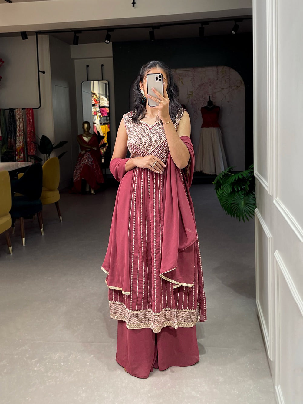 Indian Red Color Naira Style Embroidered Georgette Kurti Palazzo Set ClothsVilla