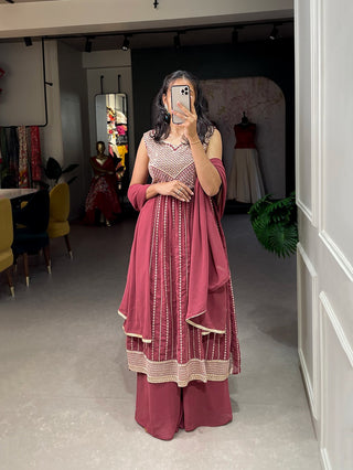 Indian Red Color Naira Style Embroidered Georgette Kurti Palazzo Set ClothsVilla