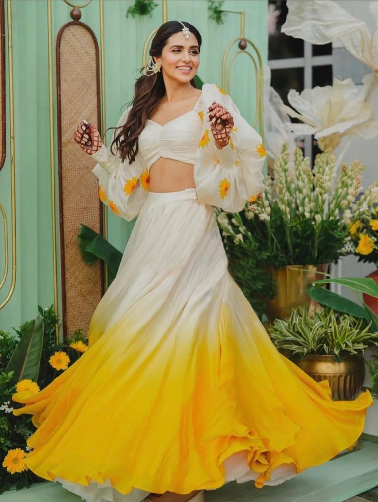 Indian lehenga choli printed skirt designer brocade skirt Indian lengha choli stitched lehenga yellow lehenga for haldi dress haldi lehenga ClothsVilla