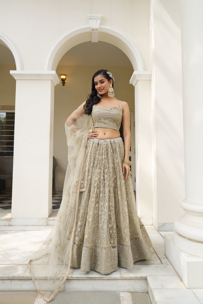 Ivory Butterfly Net Lehenga with Tone-to-Tone Embroidery