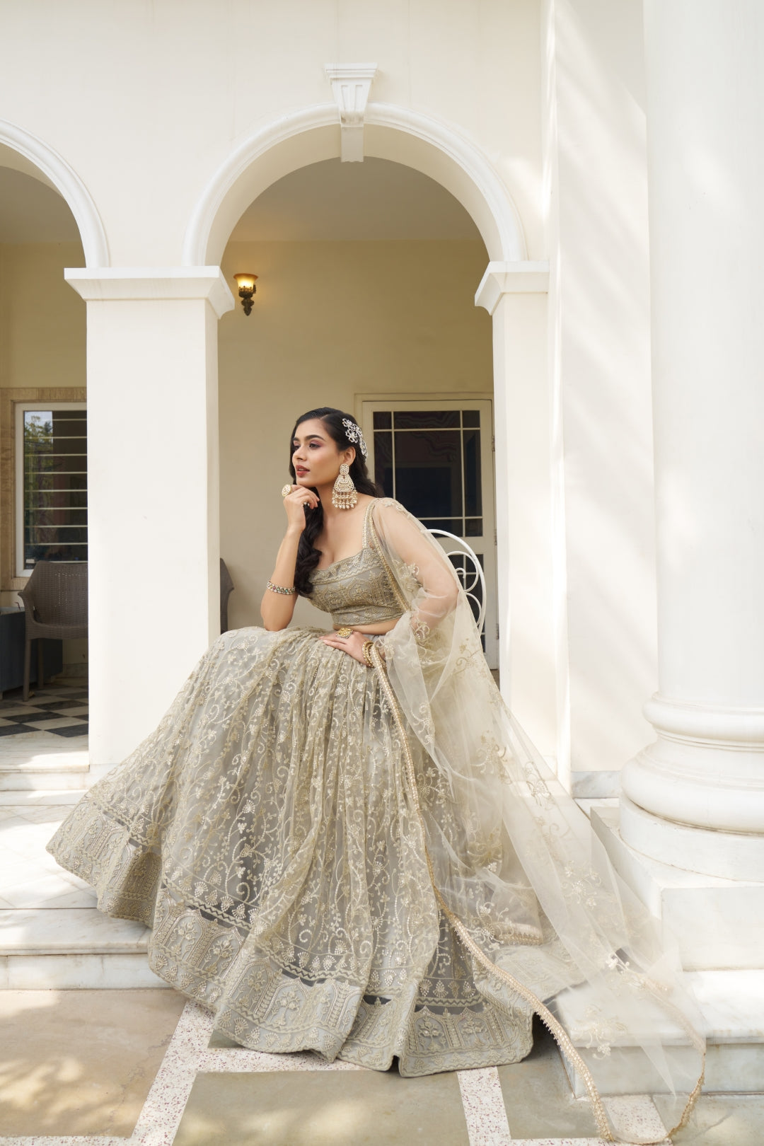 Ivory Butterfly Net Lehenga with Tone-to-Tone Embroidery Secondary image