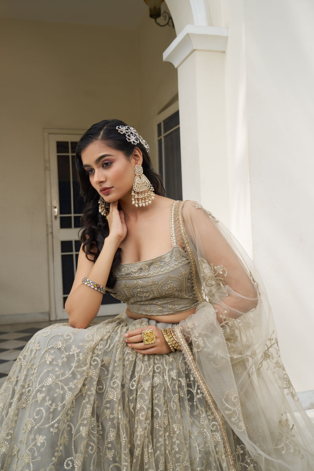 Ivory Butterfly Net Lehenga with Tone-to-Tone Embroidery