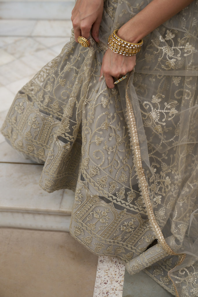 Ivory Butterfly Net Lehenga with Tone-to-Tone Embroidery