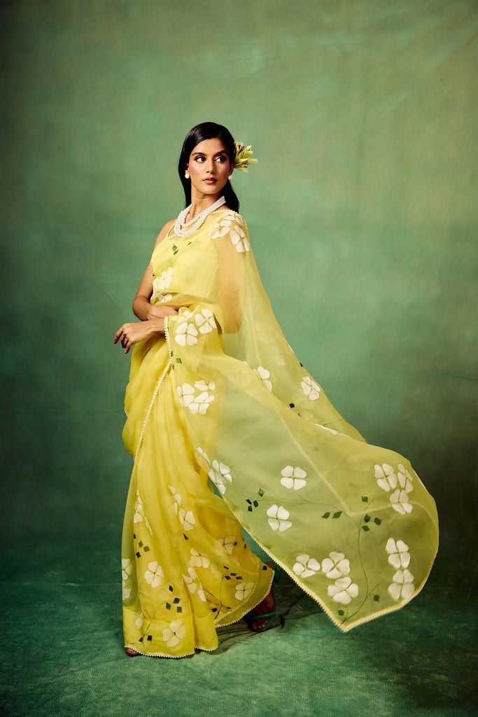Lemon Yellow Pure Organza Saree with Hand-Painted White Floral Motifs & Sequin Detailing | Modal Satin Blouse FANCY SAREES