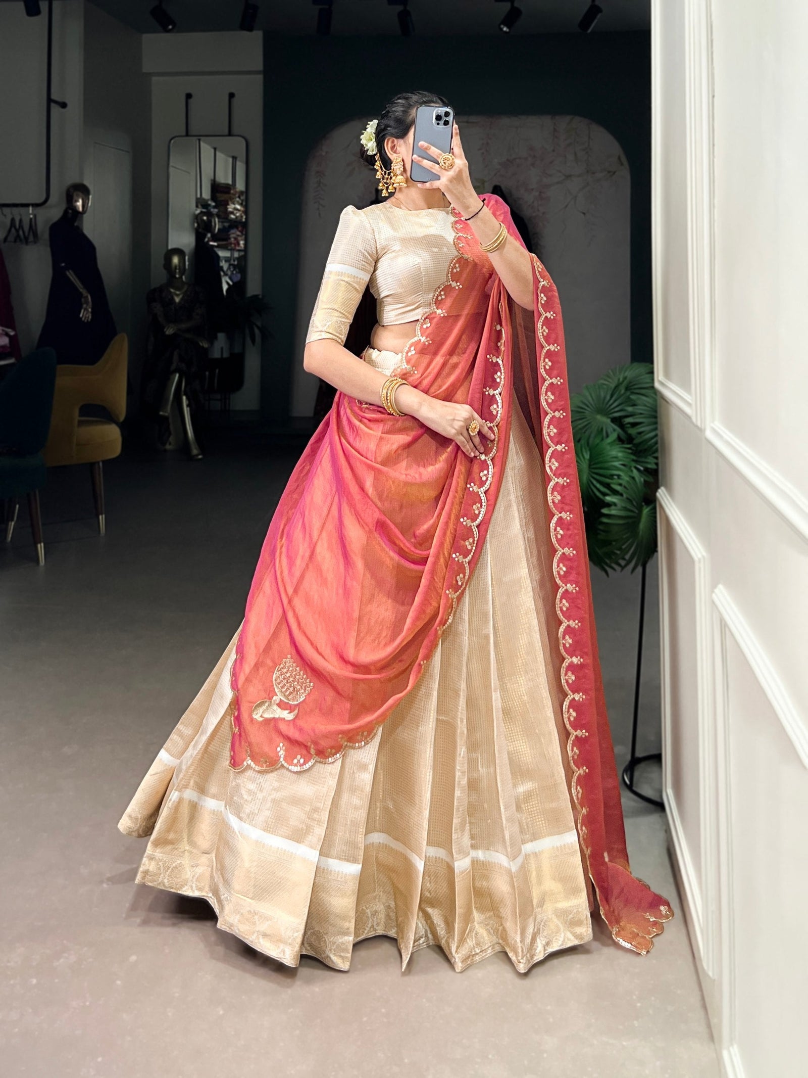 Jacquard Chex Zari Weaving Lehenga Set ClothsVilla