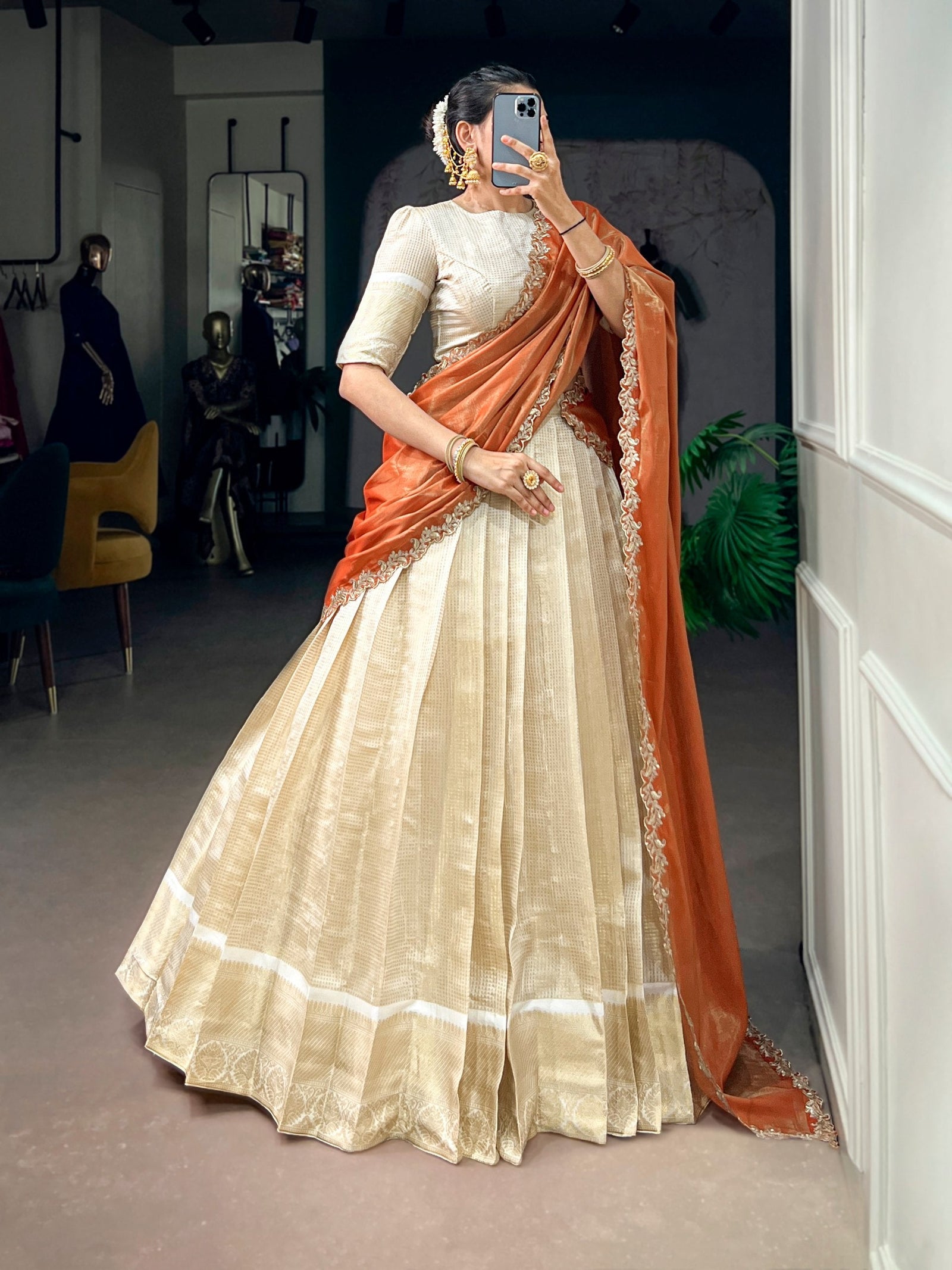 Jacquard Chex Zari Weaving Lehenga Set ClothsVilla
