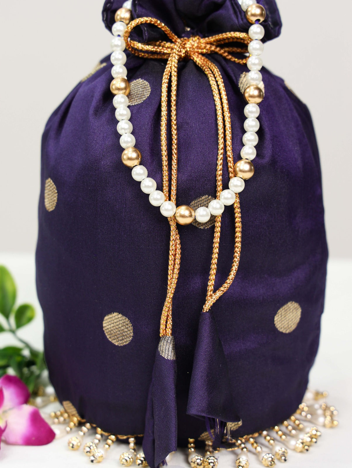 Jacquard Silk Paithani Batwa Potli Bag with Pearl Lace Border & Moti Handle Secondary image