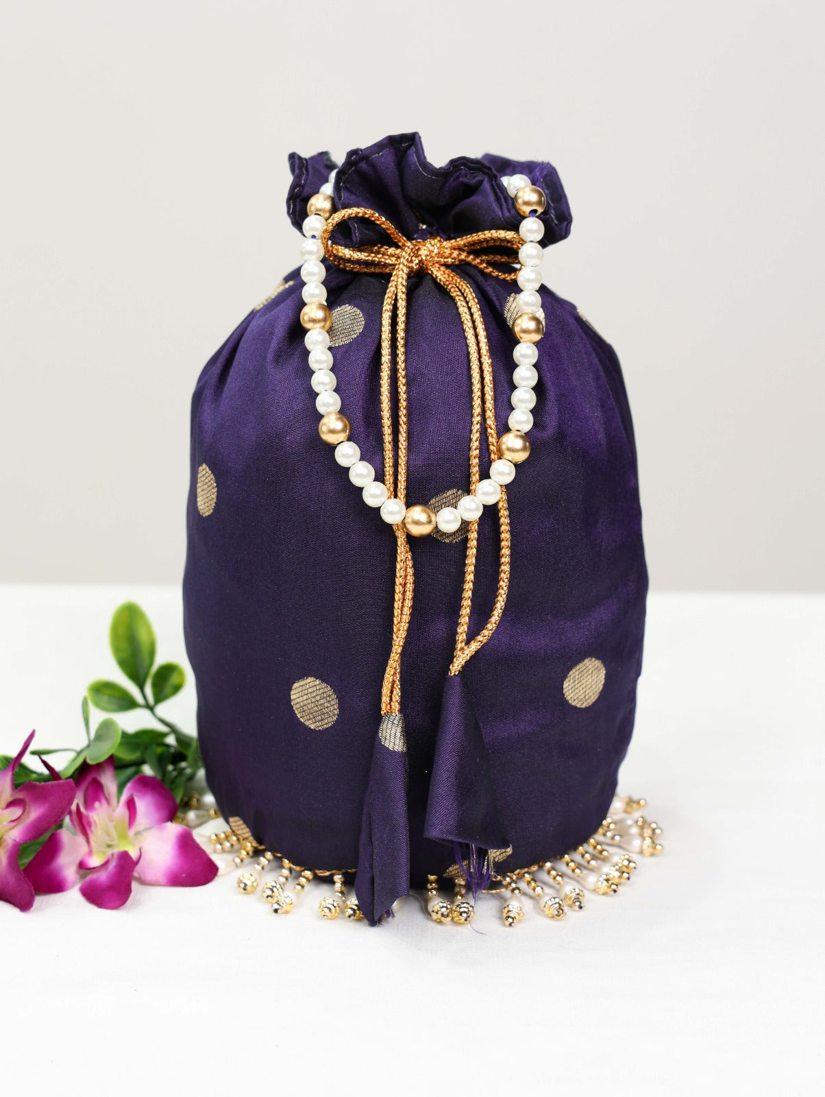 Jacquard Silk Paithani Batwa Potli Bag with Pearl Lace Border & Moti Handle ClothsVilla Main image