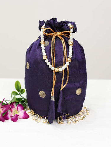 Jacquard Silk Paithani Batwa Potli Bag with Pearl Lace Border & Moti Handle ClothsVilla