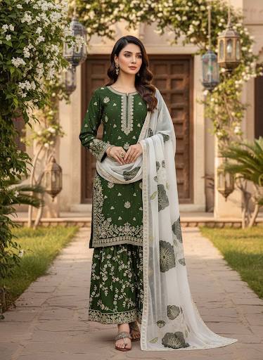 Jade Green Designer Pure Fendi Silk Heavy Embroidered Kurta Palazzo Set with 5 mm Sequins, Rivet Moti Work & Digital Printed Tabby Silk Dupatta ClothsVilla.com Main image