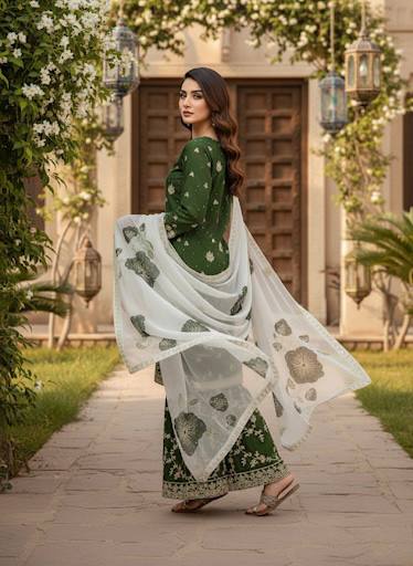 Jade Green Designer Pure Fendi Silk Heavy Embroidered Kurta Palazzo Set with 5 mm Sequins, Rivet Moti Work & Digital Printed Tabby Silk Dupatta ClothsVilla.com