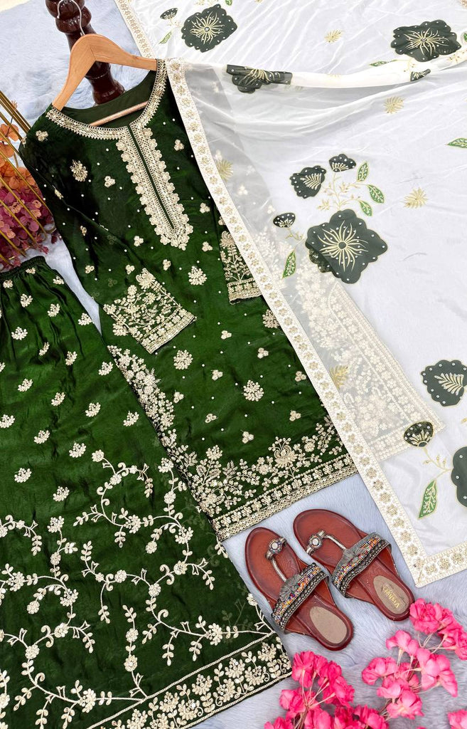Jade Green Designer Pure Fendi Silk Heavy Embroidered Kurta Palazzo Set with 5 mm Sequins, Rivet Moti Work & Digital Printed Tabby Silk Dupatta ClothsVilla.com