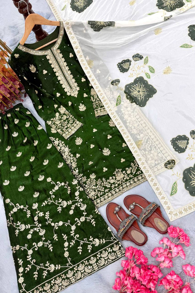 Jade Green Designer Pure Fendi Silk Heavy Embroidered Kurta Palazzo Set with 5 mm Sequins, Rivet Moti Work & Digital Printed Tabby Silk Dupatta ClothsVilla.com