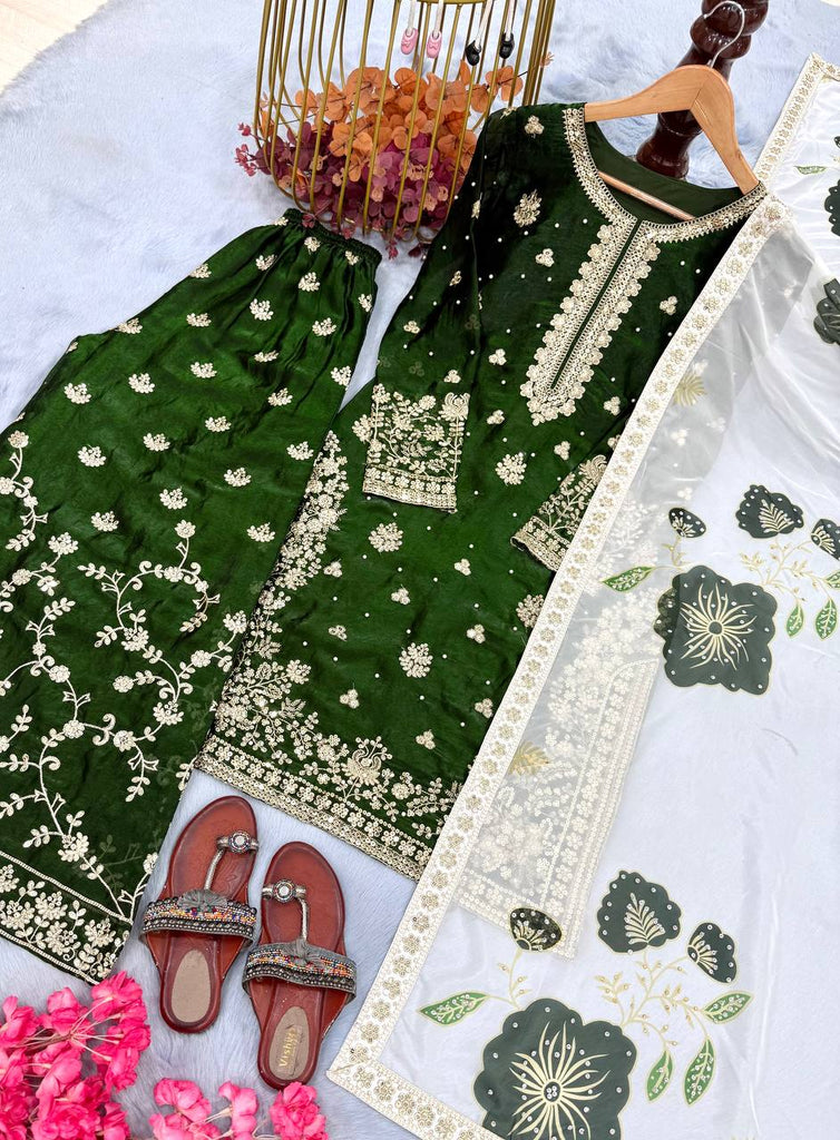 Jade Green Designer Pure Fendi Silk Heavy Embroidered Kurta Palazzo Set with 5 mm Sequins, Rivet Moti Work & Digital Printed Tabby Silk Dupatta ClothsVilla.com