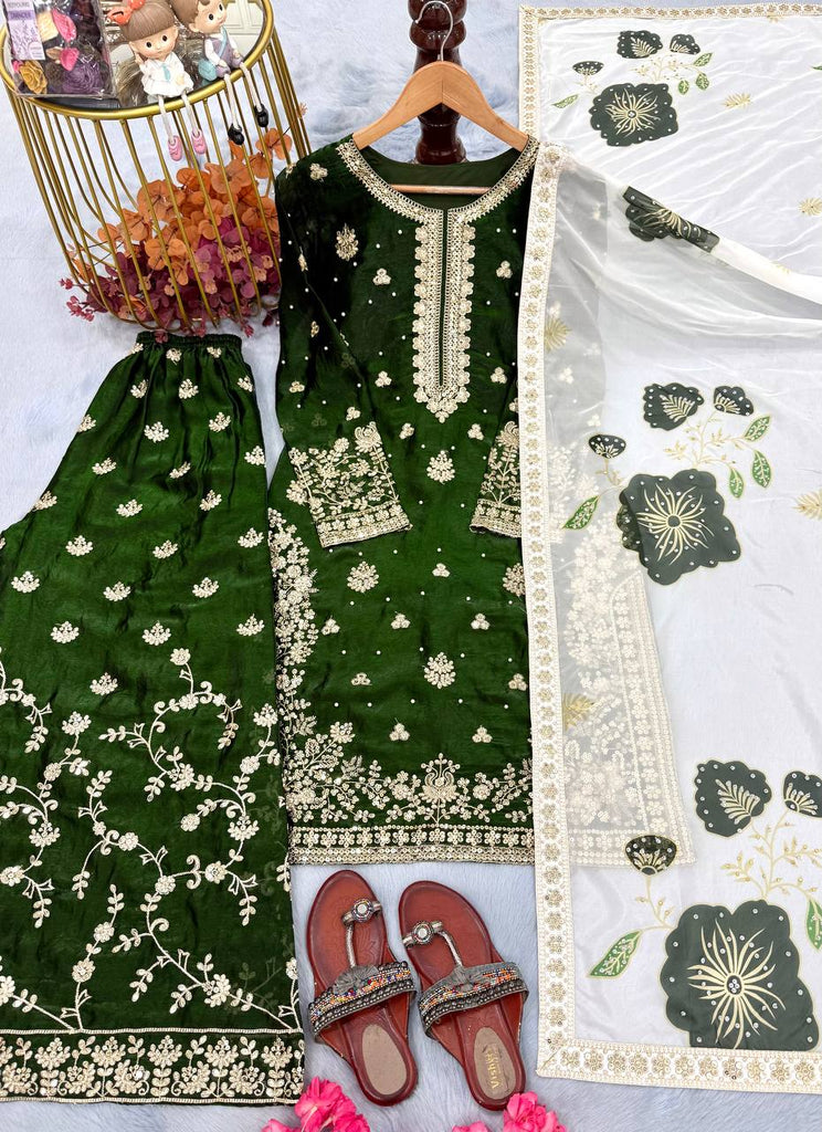 Jade Green Designer Pure Fendi Silk Heavy Embroidered Kurta Palazzo Set with 5 mm Sequins, Rivet Moti Work & Digital Printed Tabby Silk Dupatta ClothsVilla.com
