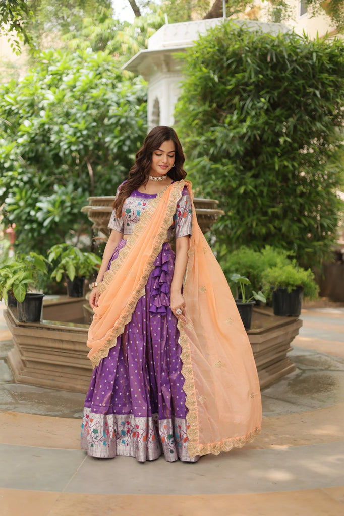 Trending Jequard Lehenga Choli with Russian Silk Embroidered Dupatta – Elegant Lavender ClothsVilla