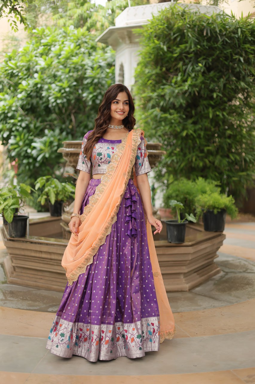 Trending Jequard Lehenga Choli with Russian Silk Embroidered Dupatta – Elegant Lavender ClothsVilla