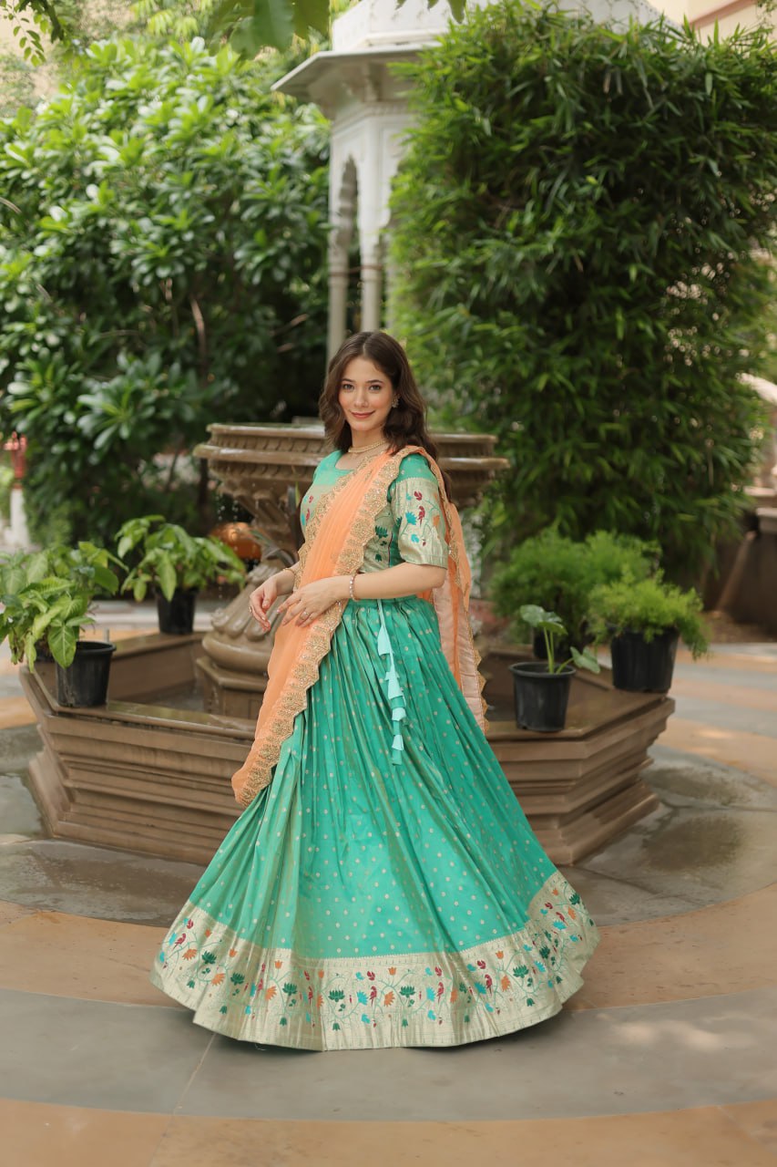 Trending Jequard Lehenga Choli with Russian Silk Embroidered Dupatta – Elegant Pista ClothsVilla