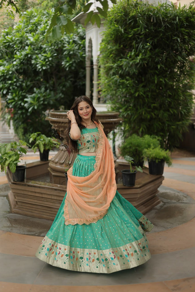 Trending Jequard Lehenga Choli with Russian Silk Embroidered Dupatta – Elegant Pista ClothsVilla