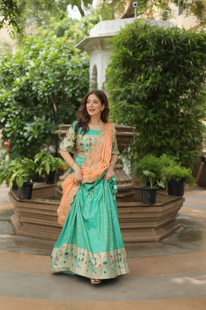 Trending Jequard Lehenga Choli with Russian Silk Embroidered Dupatta – Elegant Pista ClothsVilla