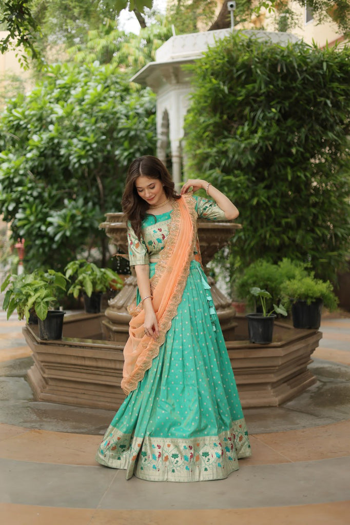 Trending Jequard Lehenga Choli with Russian Silk Embroidered Dupatta – Elegant Pista ClothsVilla