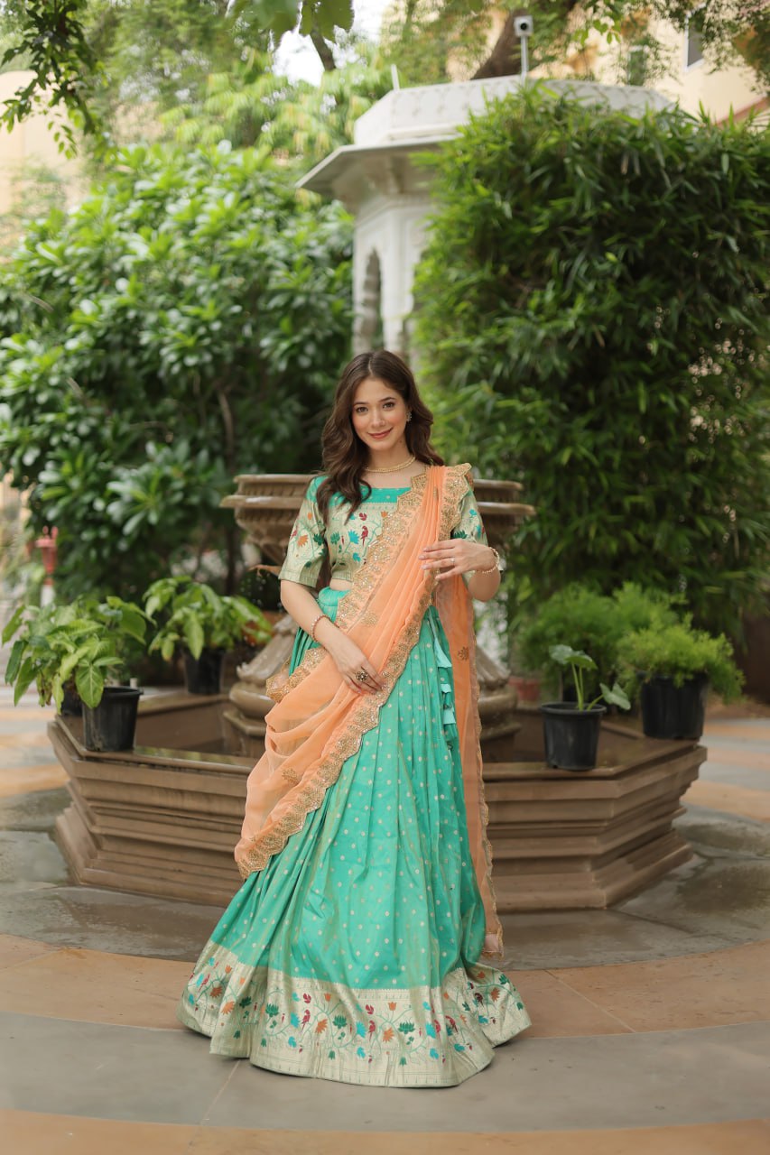 Trending Jequard Lehenga Choli with Russian Silk Embroidered Dupatta – Elegant Pista ClothsVilla