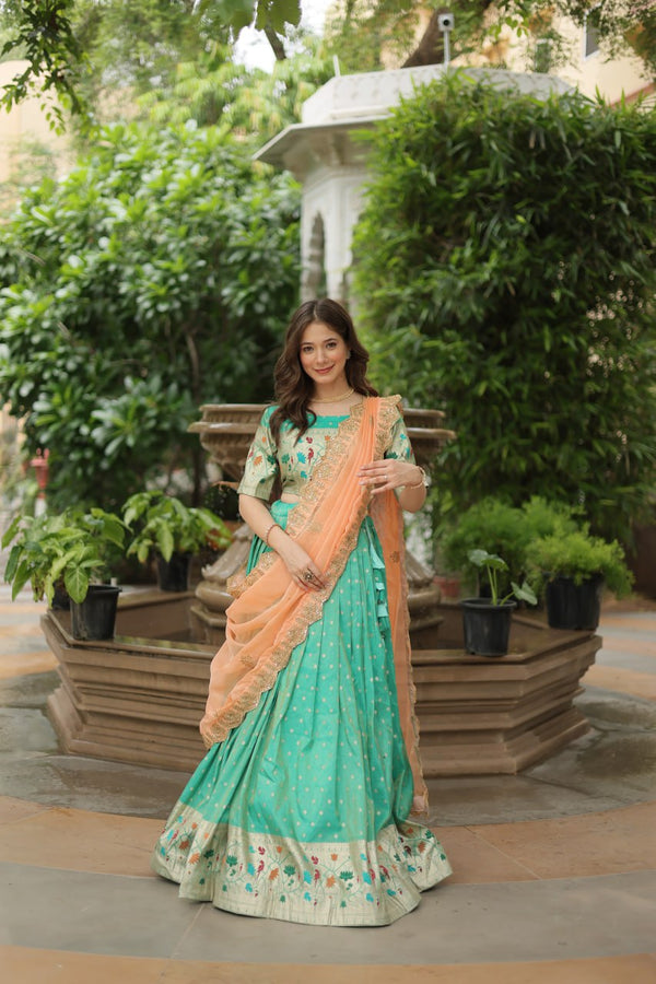 Trending Jequard Lehenga Choli with Russian Silk Embroidered Dupatta – Elegant Pista ClothsVilla